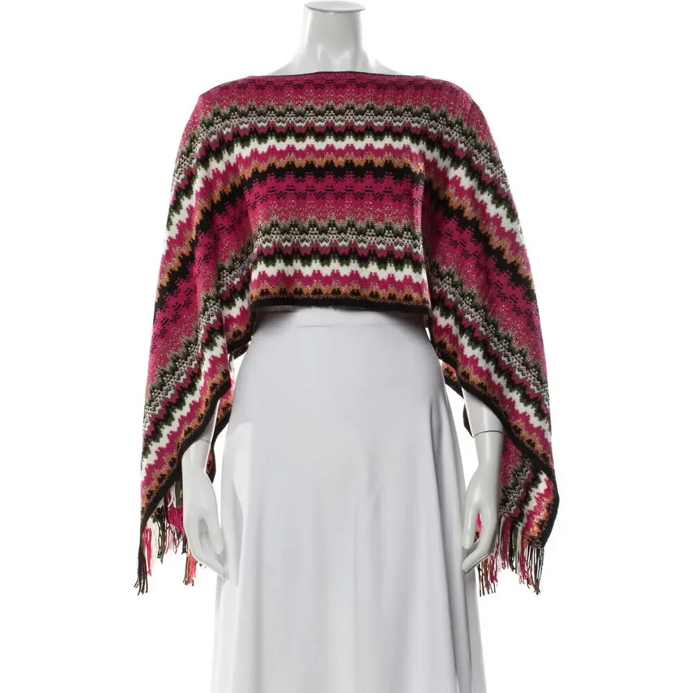 Missoni Red Multicolor Wool Striped Poncho Scarf